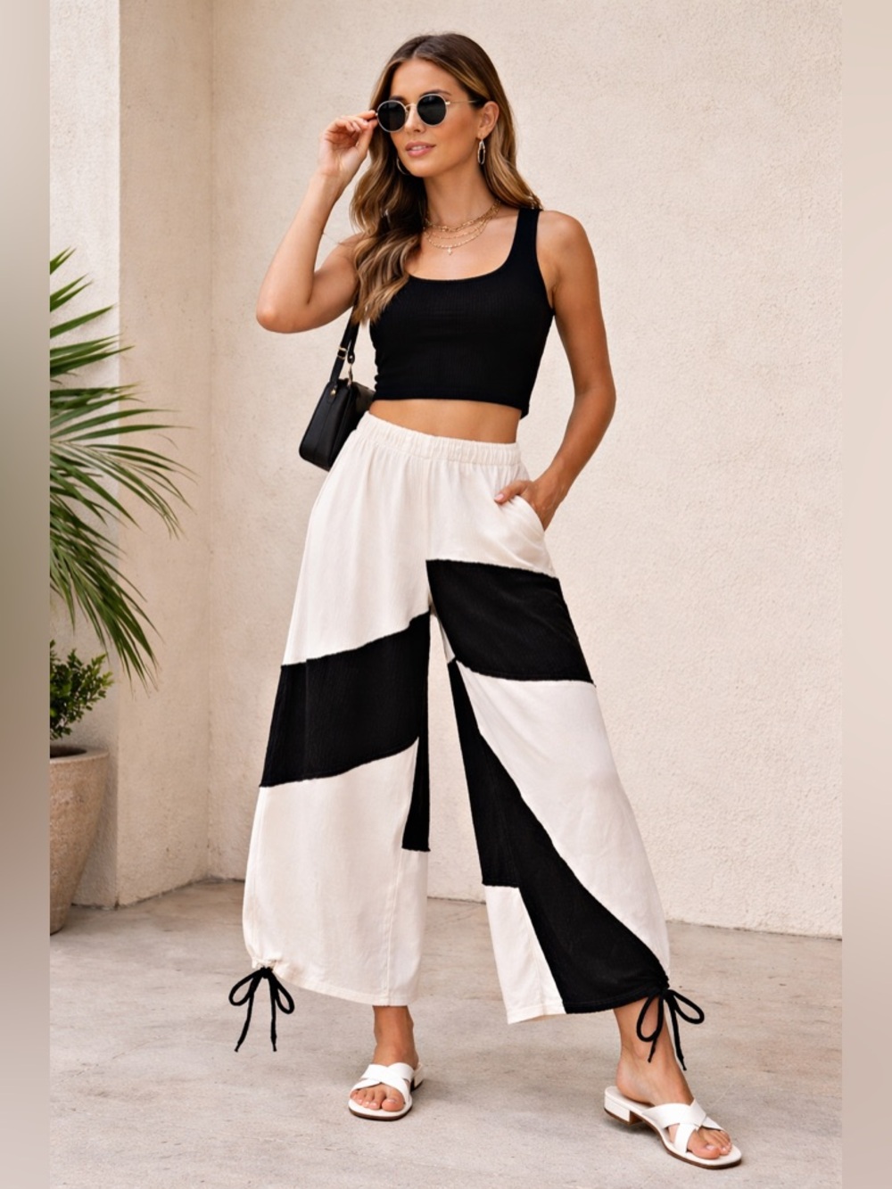 POL Wide Leg Colorblock Pants ~ Black and Cream